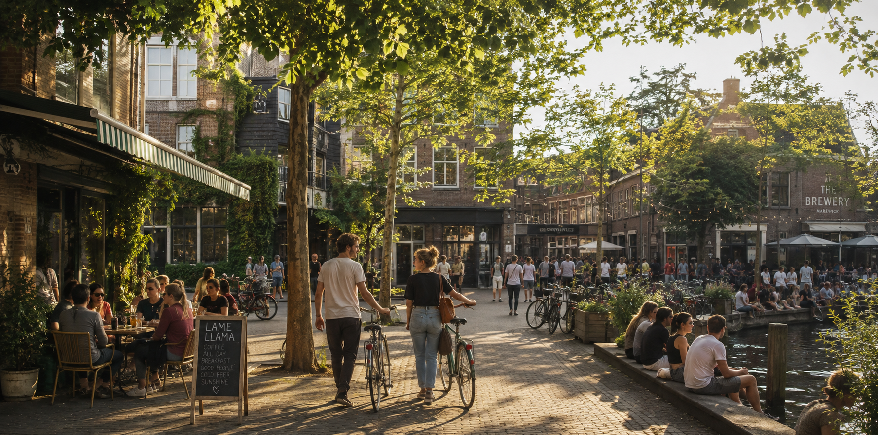 A lively green Marewick street beside the water, with cafés, bicycles and people enjoying the afternoon.